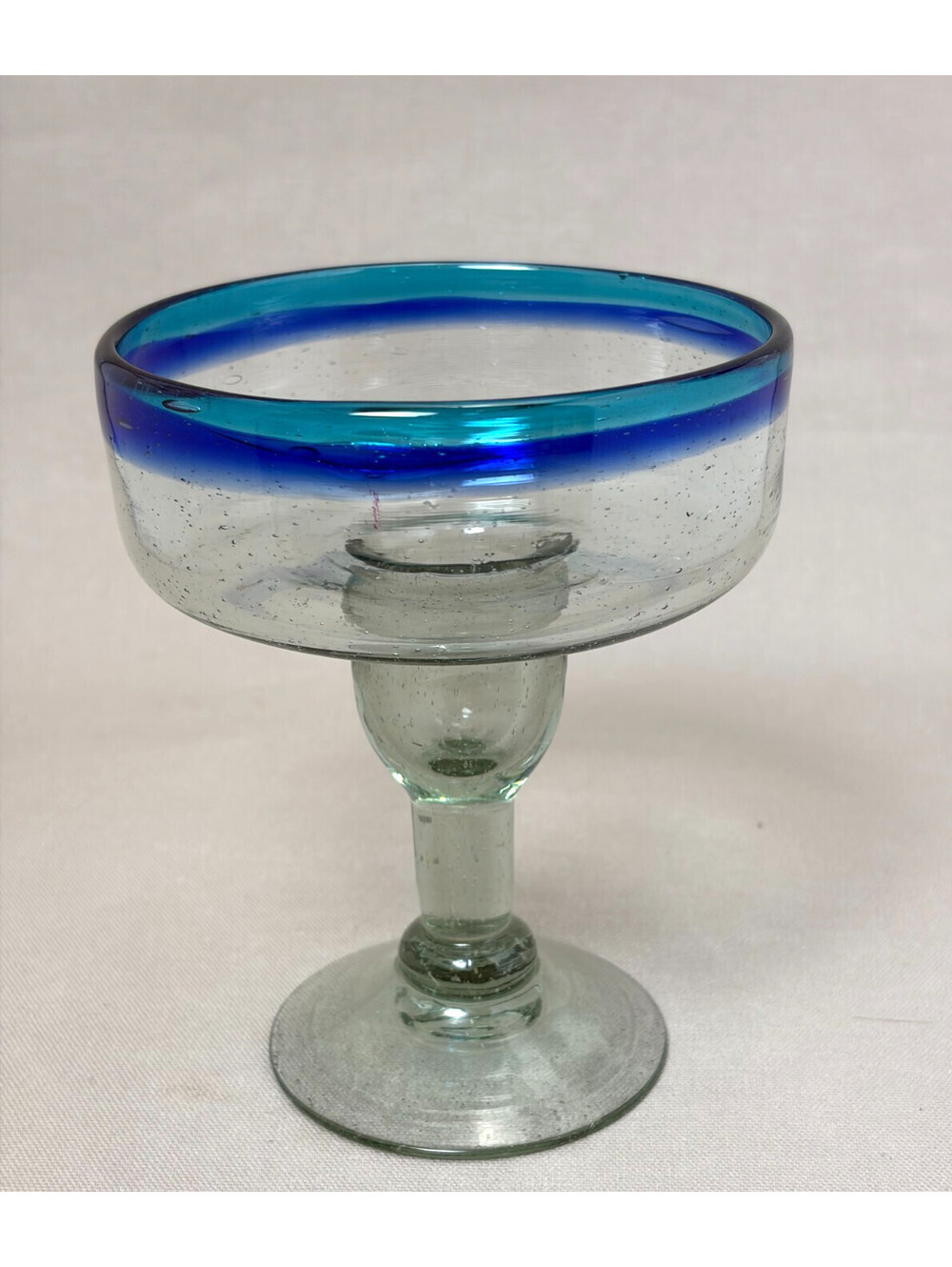 Hand Blown Mexican Glass Margarita Glass Cobalt Blue Rim Seeded Goblet 6.75 In
